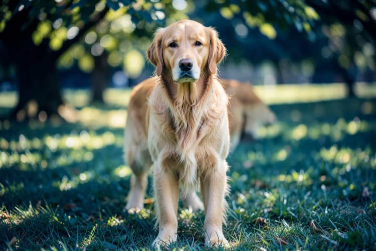 Cachorro golden retriever com pelo longo e dourado, olhando para a câmera em um ambiente externo gramado.