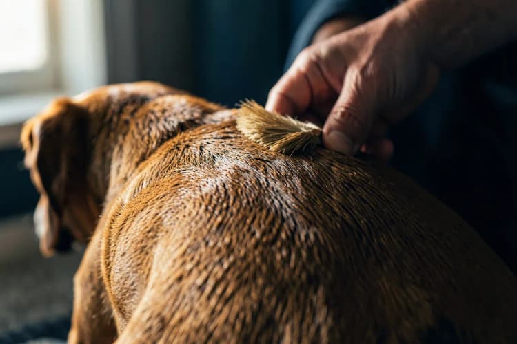 Cachorro vira-lata com pelo curto e marrom recebendo escovação em casa.