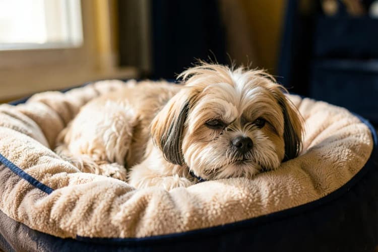 Cachorro shih tzu deitado tranquilamente em uma caminha macia e bege.