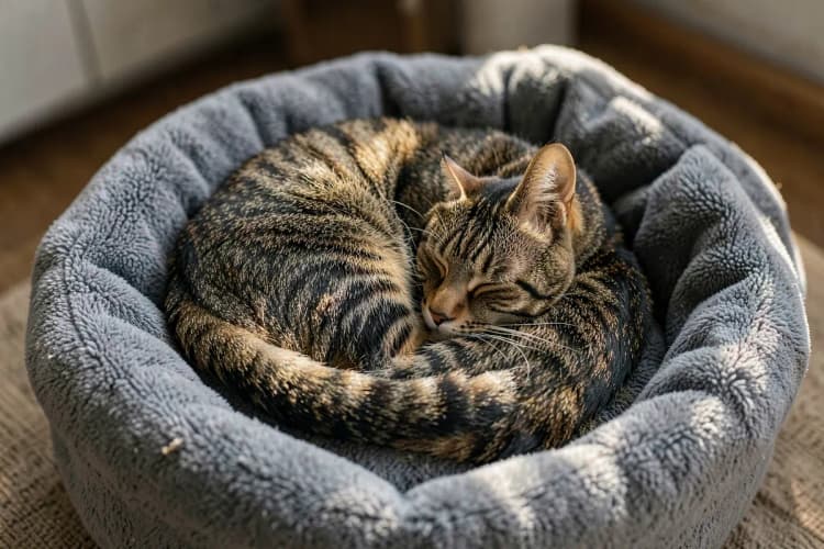 Um gato relaxando em uma cama confortável com uma manta macia