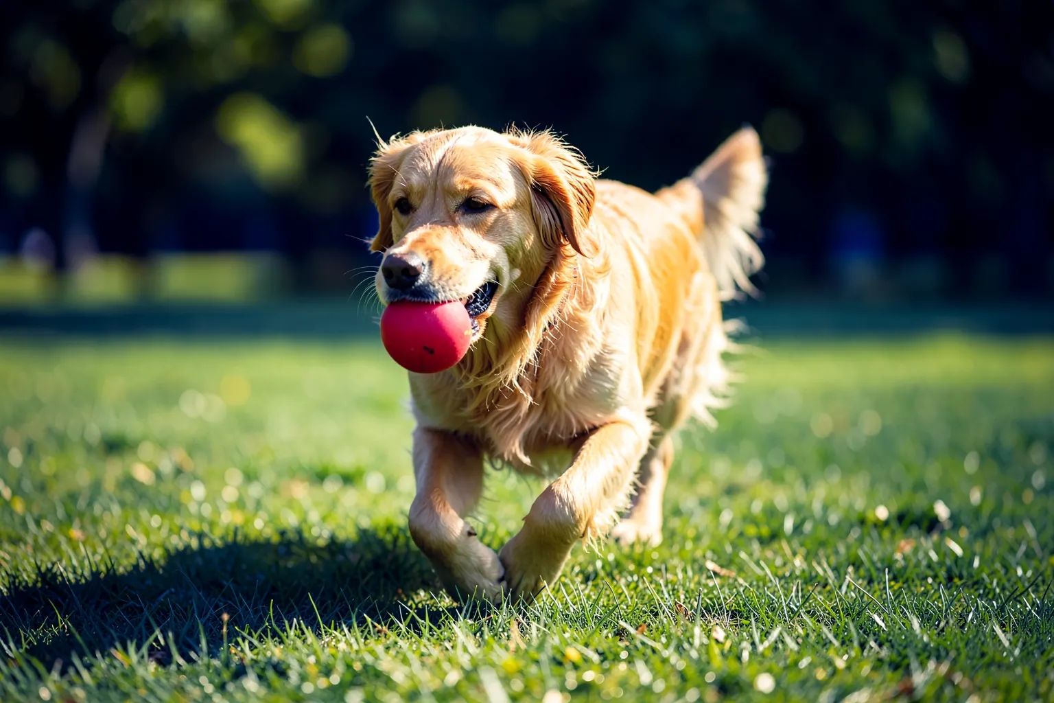 Um cachorro feliz brincando em um parque com brinquedos coloridos