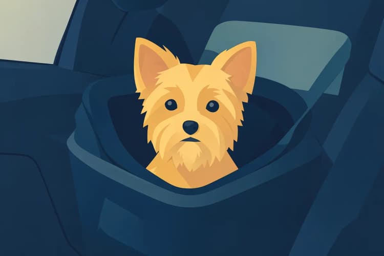 Um cachorro yorkshire terrier sendo transportado em uma caixa de transporte acolchoada dentro de um carro.