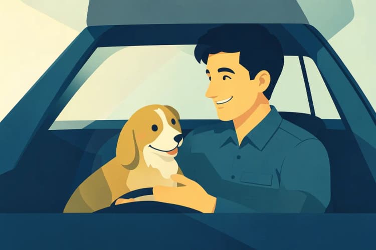 Um motorista sorridente com um cachorro no colo dentro de um carro.