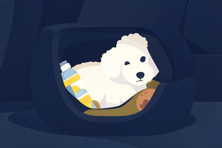 Um cachorro poodle branco em uma caixa de transporte com uma garrafa de água e um brinquedo.
