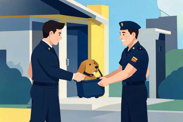 Um homem entregando um cachorro em uma caixa de transporte para um motorista de táxi dog.