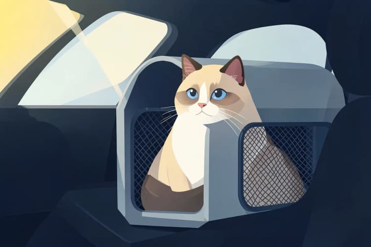 Um gato siamês em uma caixa de transporte com ventilação, em um carro.