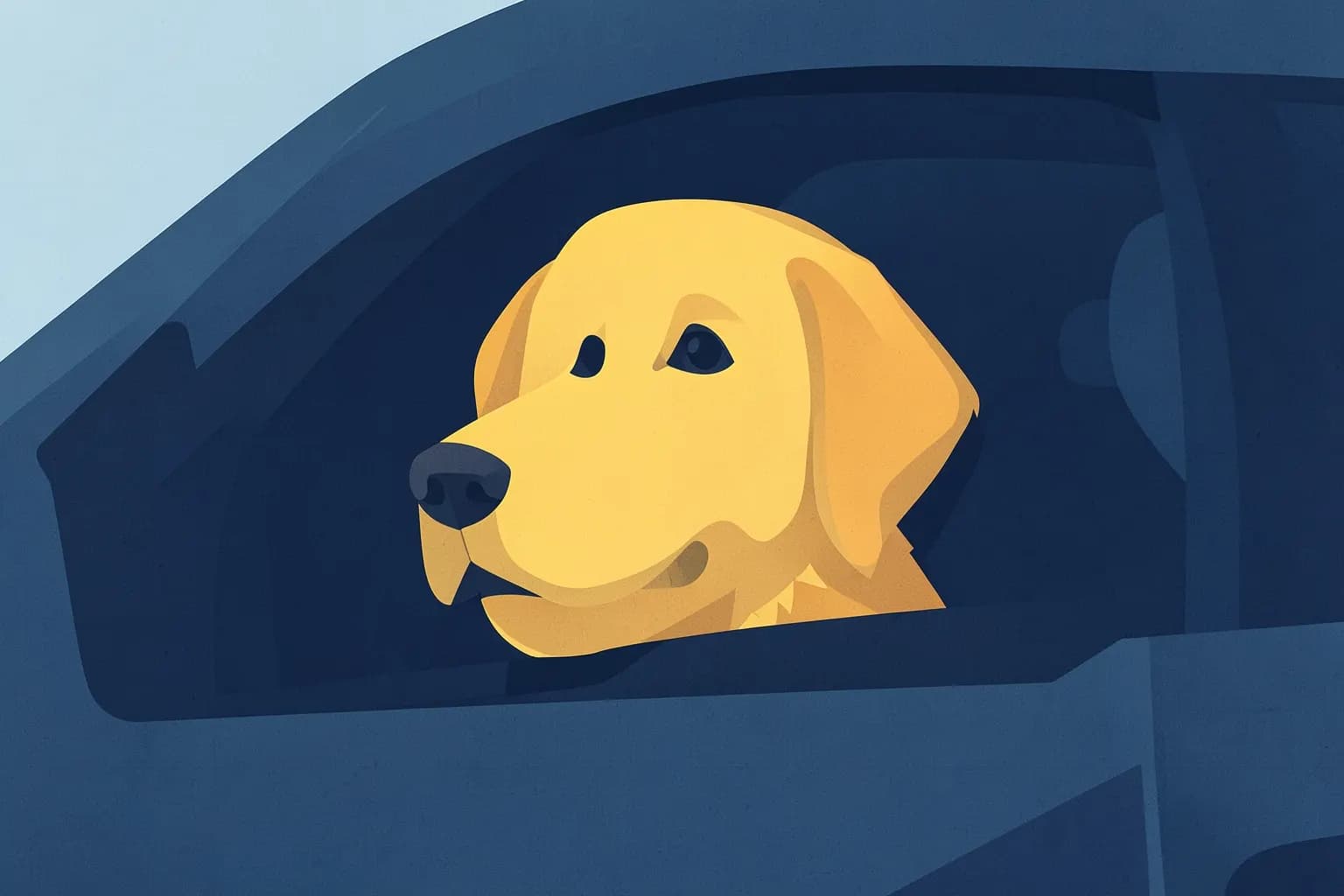 Um cachorro golden retriever dentro de um carro com a cabeça para fora da janela, olhando para a frente.