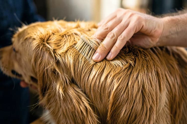 Cachorro sendo escovado em um salão de banho e tosa