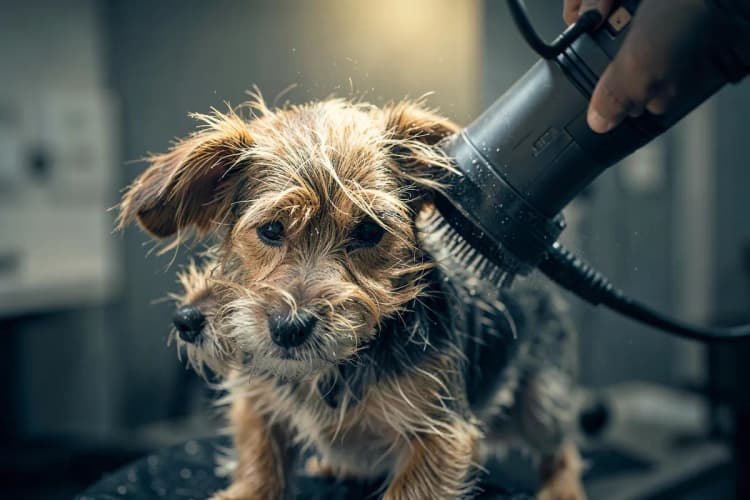 Groomer secando cachorro com secador de pelo