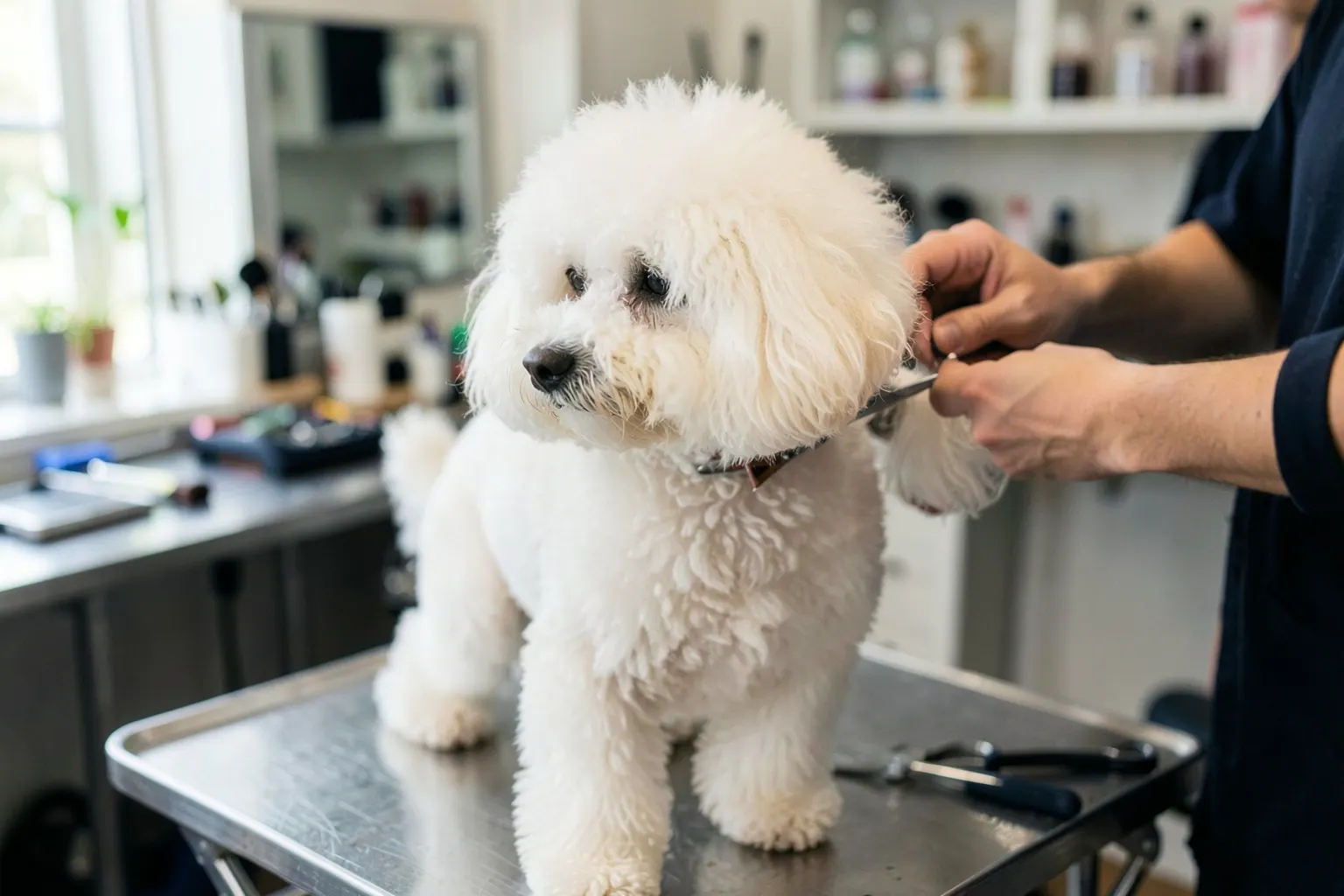 Cachorro sendo tosado em um salão de banho e tosa