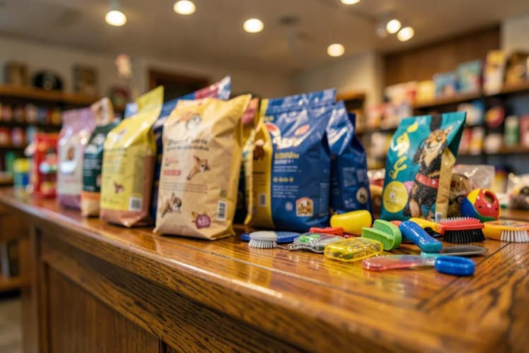 Um balcão de pet shop com diversos produtos para animais, como ração, brinquedos e acessórios, organizados de forma atraente.