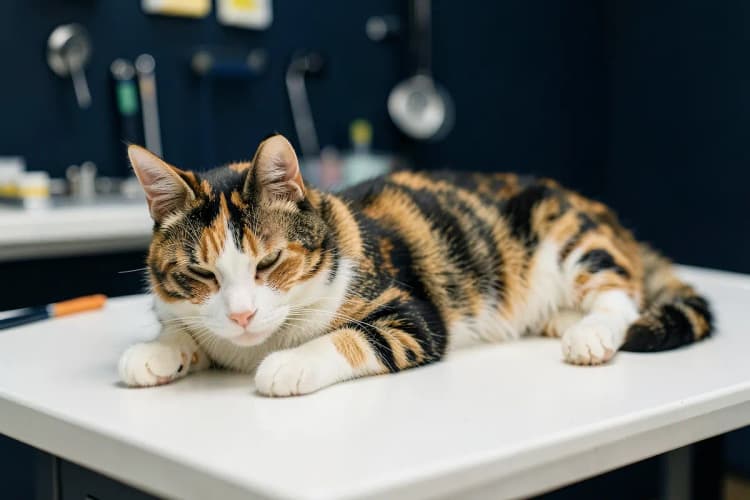 Um veterinário examinando um gato em uma mesa de consulta com equipamentos médicos ao fundo.