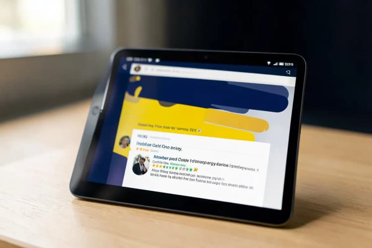 Uma pessoa lendo avaliações online de um pet shop em um tablet, com foco nas estrelas de classificação.