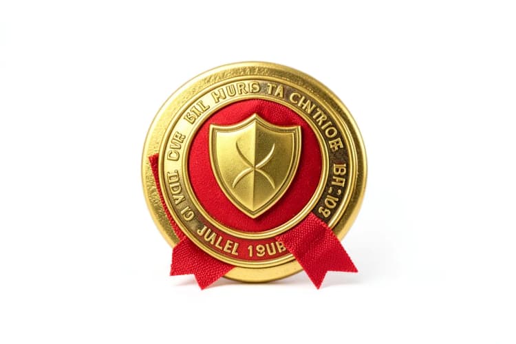 Um selo de certificação com um escudo e uma fita, indicando aprovação e qualidade em serviços para animais.