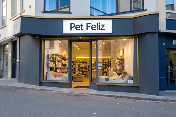 Fachada de um pet shop moderno e bem iluminado em Guarulhos, com o nome "Pet Feliz" em destaque.