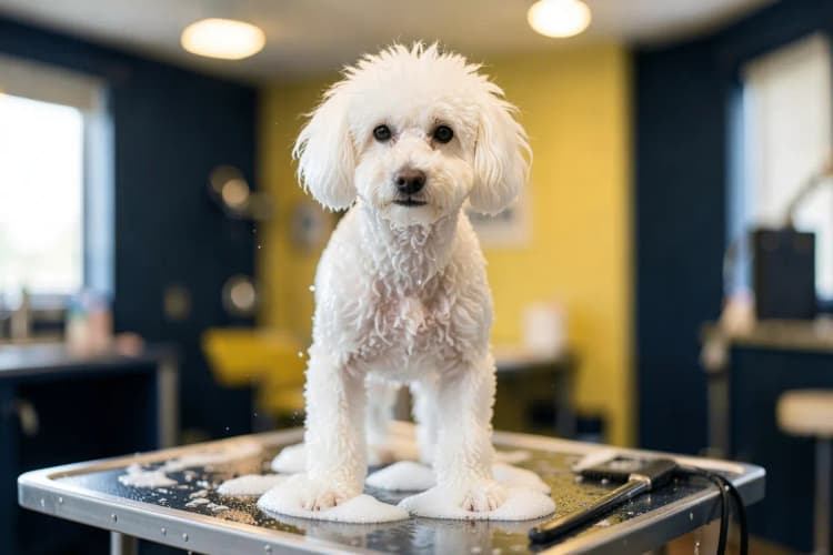 Um cão poodle sendo tosado em uma mesa de banho e tosa, com espuma e água ao redor.