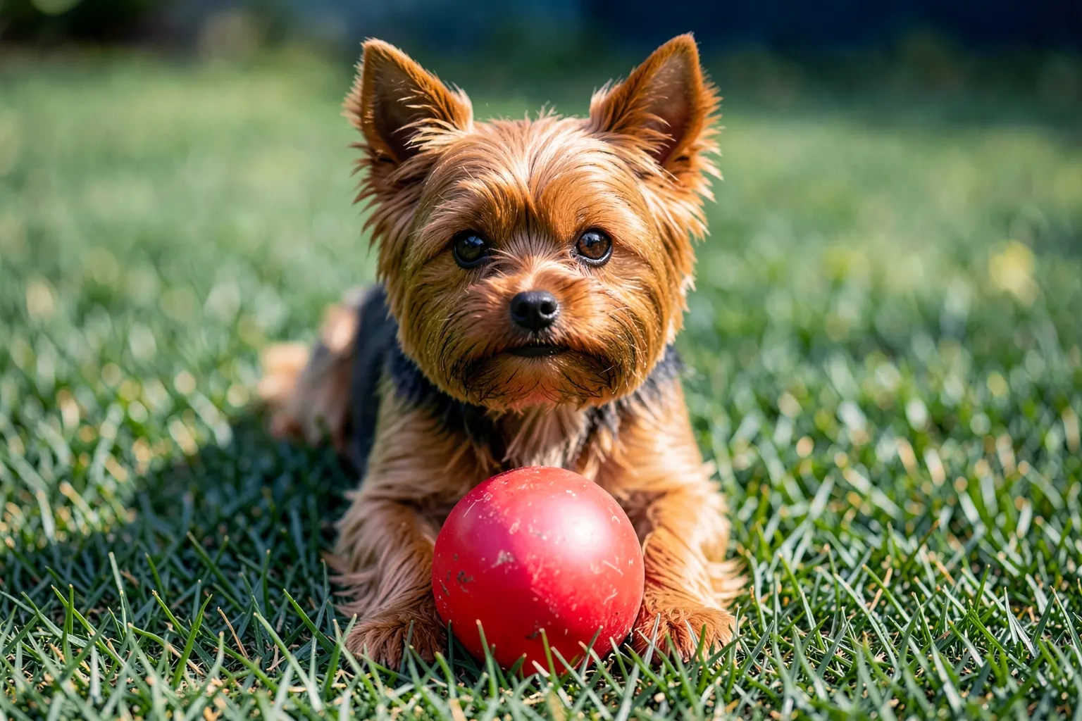 Um cãozinho yorkshire terrier brincando em um gramado verde com uma bola vermelha nas patas, em um dia ensolarado.