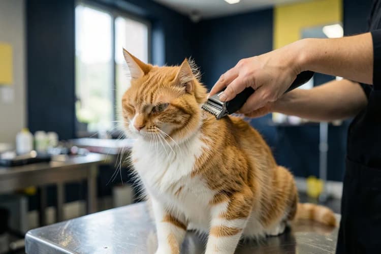 Um gato malhado laranja e branco sendo tosado por um profissional com uma máquina de tosa, com foco no pelo sendo cortado.