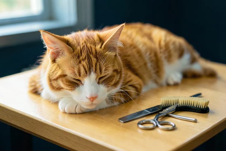 Um gato malhado laranja e branco deitado calmamente em uma mesa de tosa, com uma tesoura de tosa e uma escova ao lado.