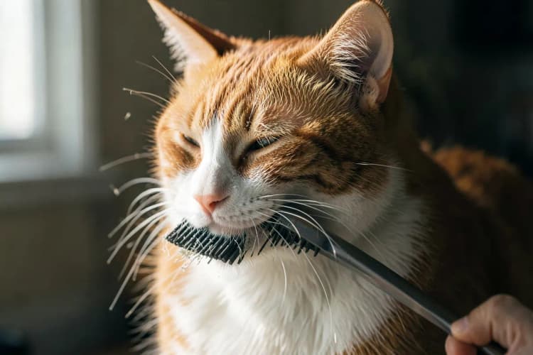 Um gato malhado laranja e branco sendo escovado com uma escova de pinos, com foco nos pelos soltos sendo removidos.