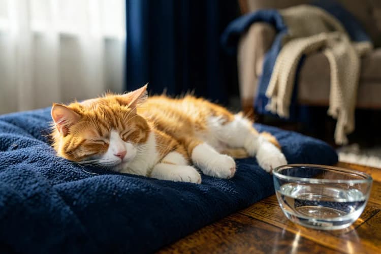 Um gato malhado laranja e branco relaxando em uma cama macia após a tosa, com uma tigela de água fresca por perto.