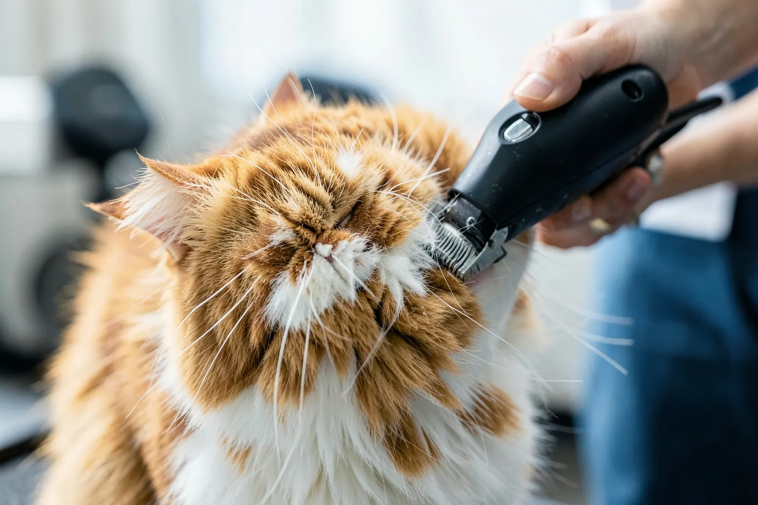 Um gato malhado laranja e branco sendo tosado por um profissional com uma máquina de tosa, com foco no pelo sendo cortado.