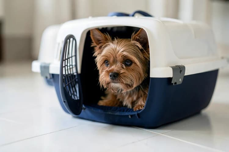 Um cãozinho yorkshire marrom e bege dentro de uma caixa de transporte azul e branca, com a porta aberta, em um piso de cerâmica branca.