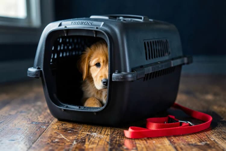 Uma caixa de transporte preta com um cãozinho golden retriever dentro, em um piso de madeira, com a porta aberta e uma coleira vermelha ao lado.