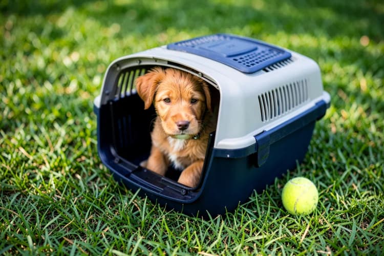 Uma caixa de transporte cinza e preta com um cãozinho vira-lata caramelo dentro, em um gramado verde, com a porta aberta e uma bola de tênis ao lado.