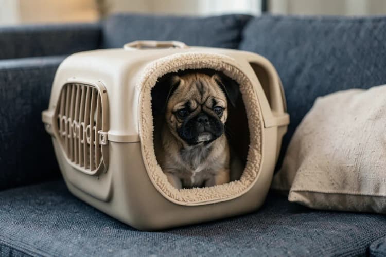 Uma caixa de transporte bege com um cãozinho pug dentro, em um sofá de tecido cinza, com a porta aberta e uma almofada ao lado.