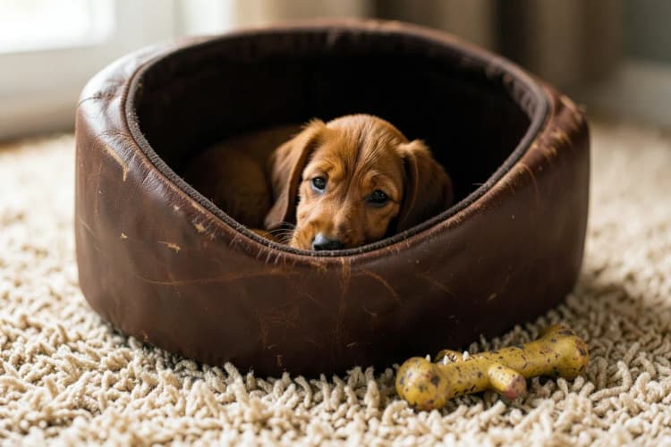 Uma caixa de transporte marrom com um cãozinho dachshund dentro, em um tapete felpudo bege, com a porta aberta e um osso de brinquedo ao lado.