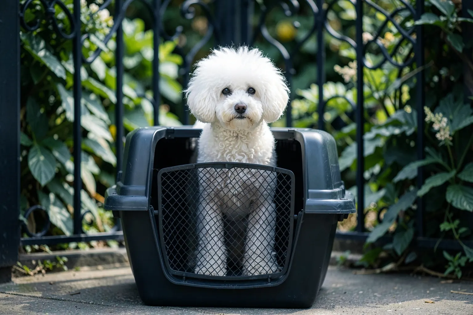 Um cãozinho poodle branco dentro de uma caixa de transporte preta, com a porta aberta, em frente a um portão de ferro forjado com plantas verdes ao fundo.