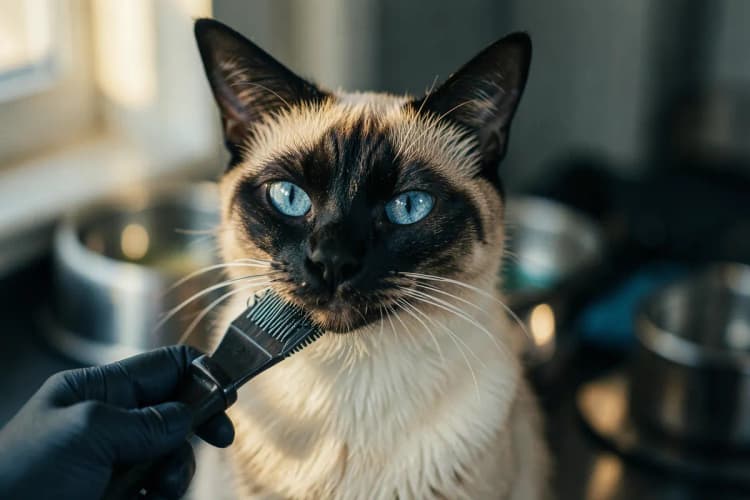 Um gato siamês sendo escovado por uma mão com luva, com uma tigela de comida e água ao fundo.
