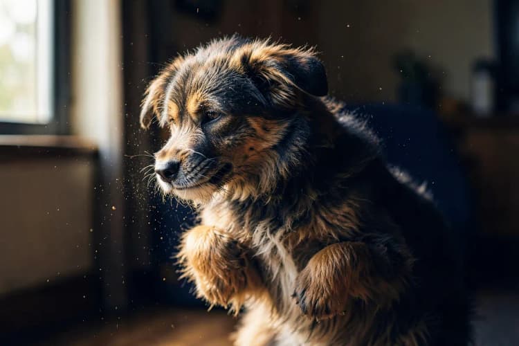 Cachorro se coçando intensamente com a pata traseira.