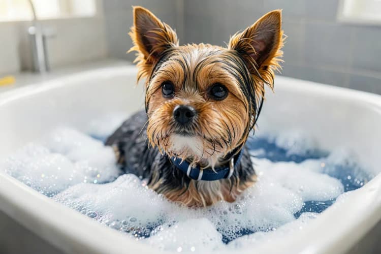 Cachorro yorkshire sendo banhado em uma banheira com espuma