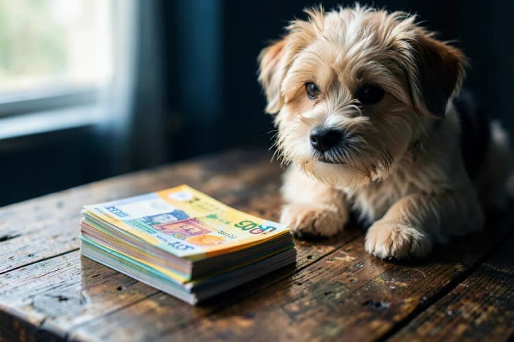 Notas de dinheiro empilhadas ao lado de um cachorro