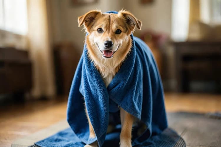 Cachorro feliz saindo do banho com uma toalha