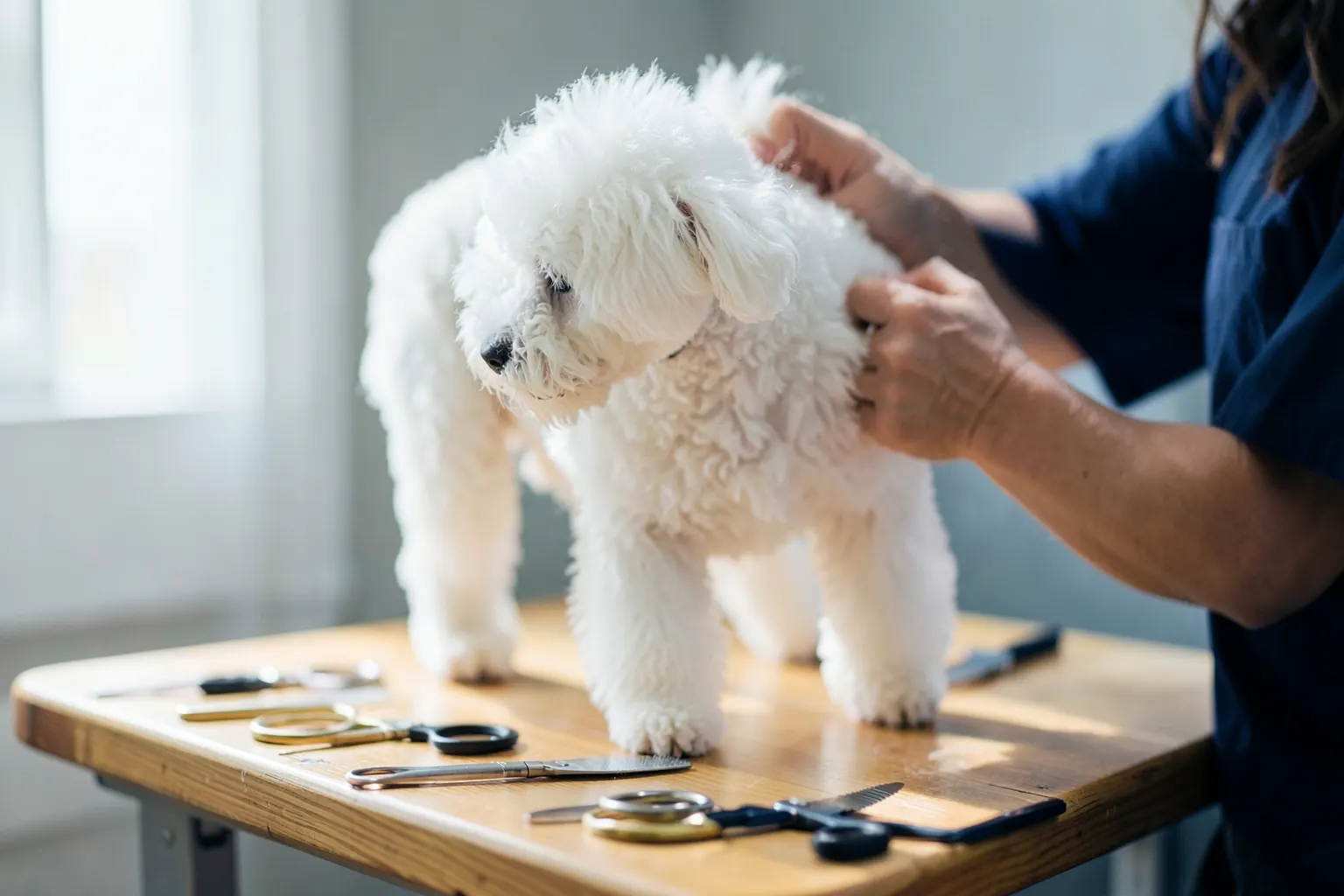 Cachorro poodle branco sendo tosado em um salão de beleza para pets