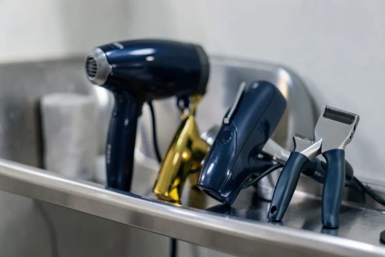 Equipamentos de banho e tosa como banheira, secador e máquina de tosa em um pet shop