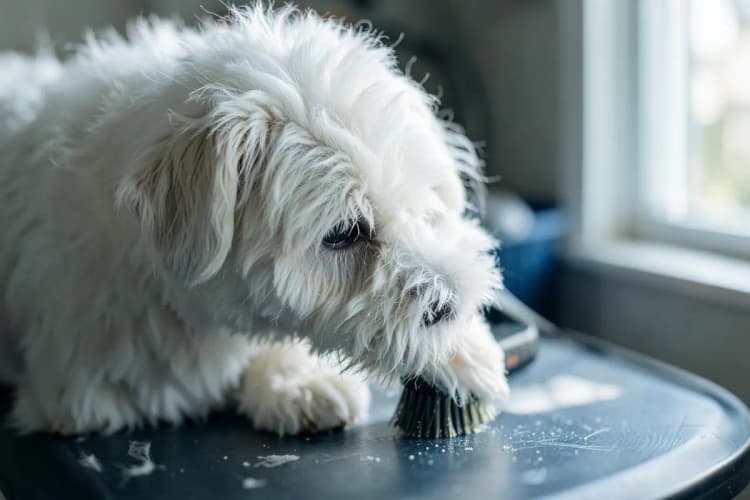 Cachorro sendo escovado em um pet shop com produtos de higiene ao lado