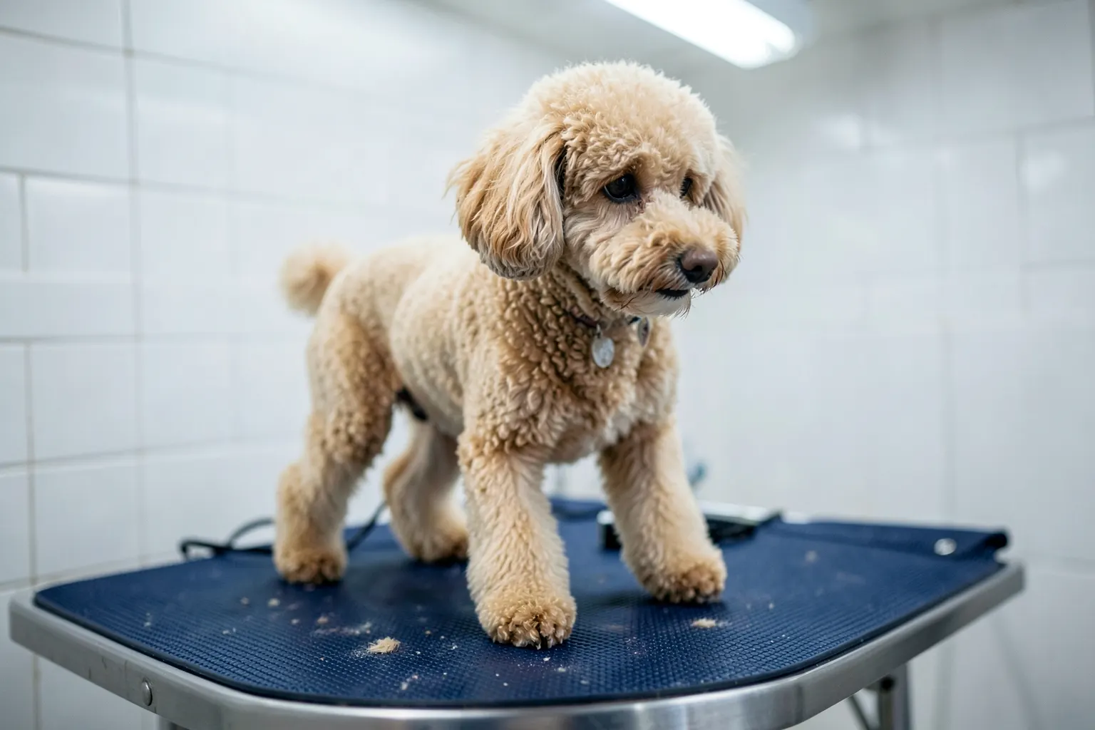 Cachorro sendo tosado em um pet shop com equipamentos de tosa ao fundo