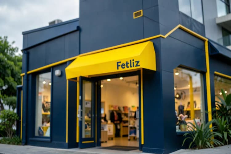 Fachada de um pet shop moderno e bem iluminado com o nome "Pet Feliz" na entrada.