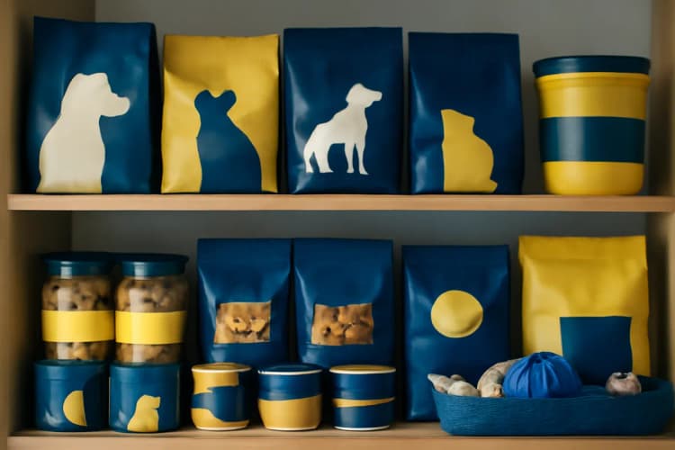 Prateleiras organizadas com uma variedade de rações, petiscos e acessórios para cães e gatos.