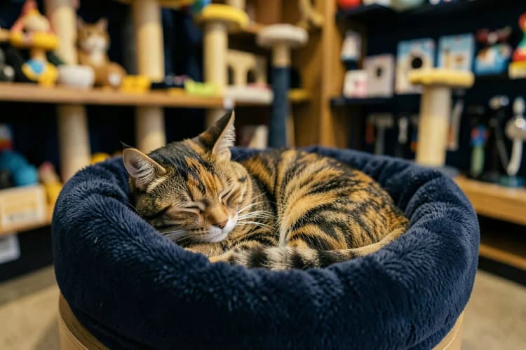 Um gato deitado confortavelmente em uma caminha macia em uma seção de produtos para gatos em um pet shop.