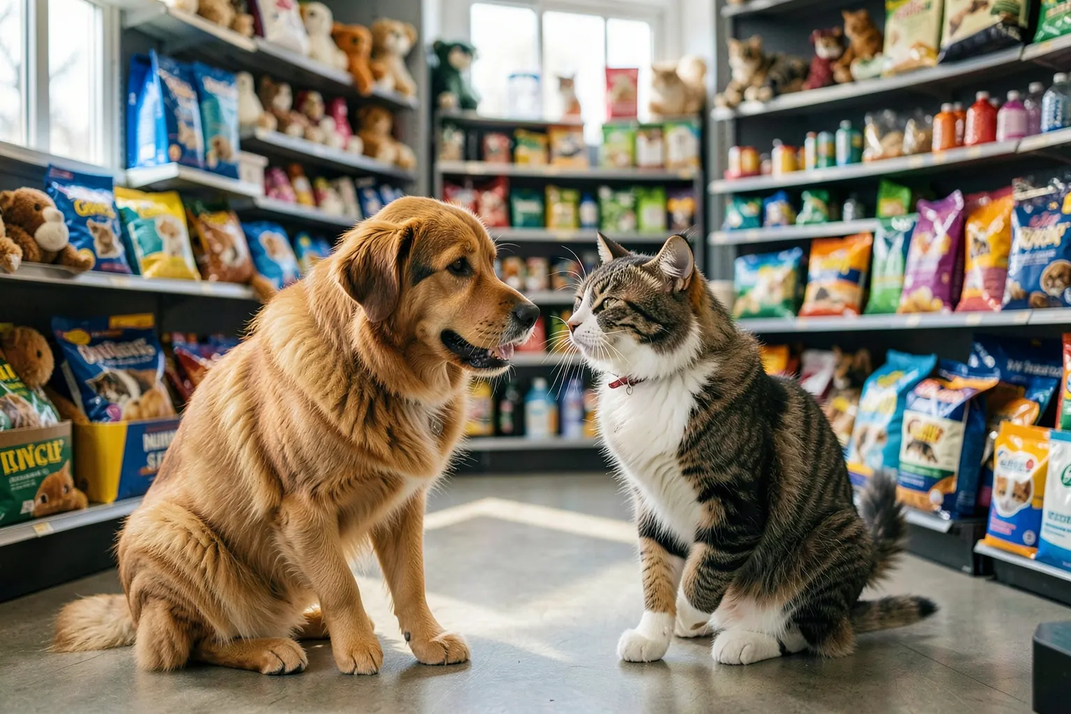 Cachorro e gato brincando juntos em uma loja de animais com prateleiras cheias de produtos para pets.