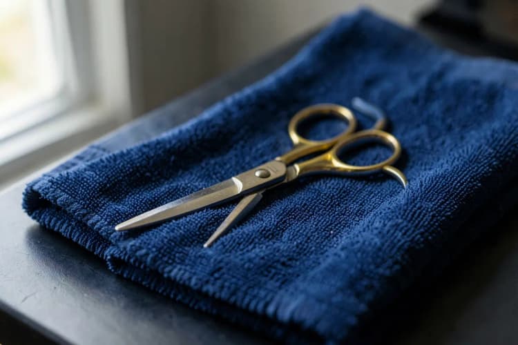 Tesoura profissional de tosa sobre uma toalha azul em uma mesa de banho e tosa
