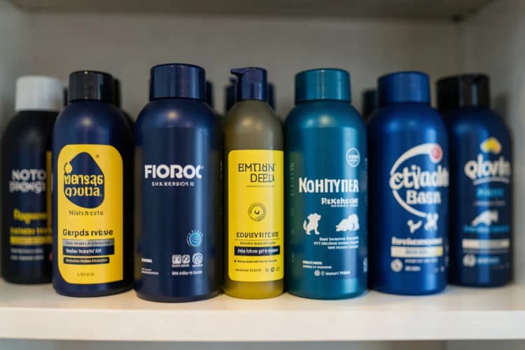 Vários produtos de higiene para cães, como shampoos e condicionadores, organizados em prateleira