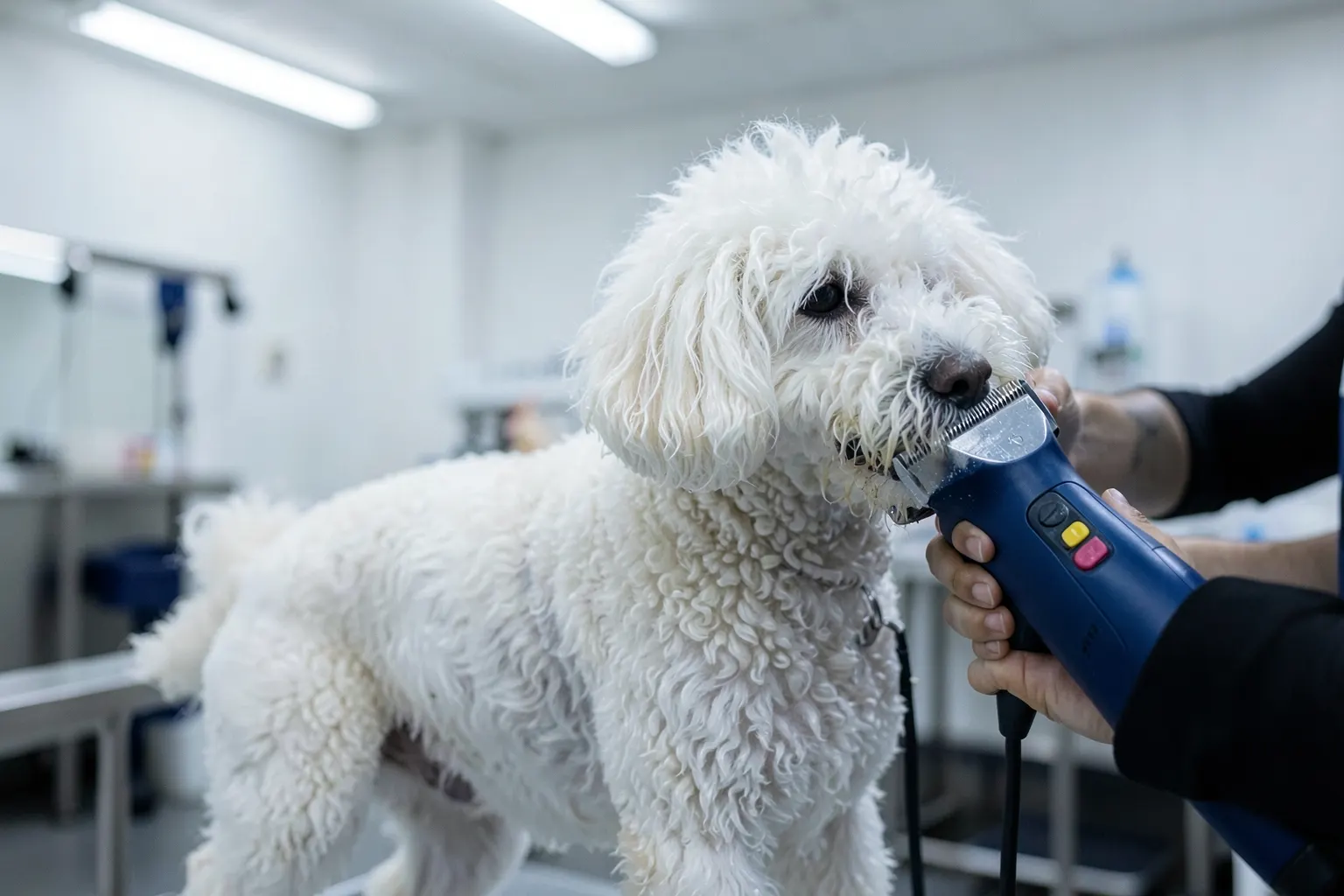 Cachorro poodle branco sendo tosado com máquina elétrica em clínica veterinária