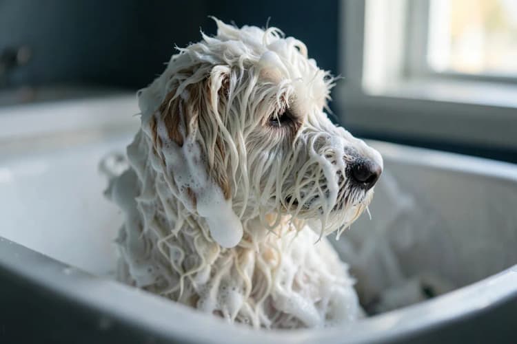 Um cachorro sendo ensaboado em uma banheira com espuma