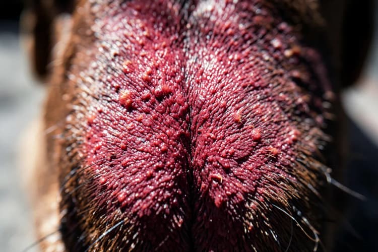 Um cachorro com a pele irritada e vermelha